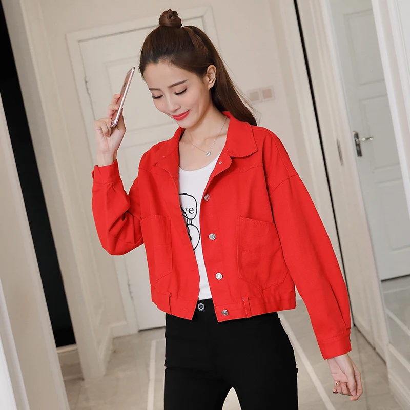 High Quality 2018 Spring Red Short Jacket Women Jean Outerwear Long