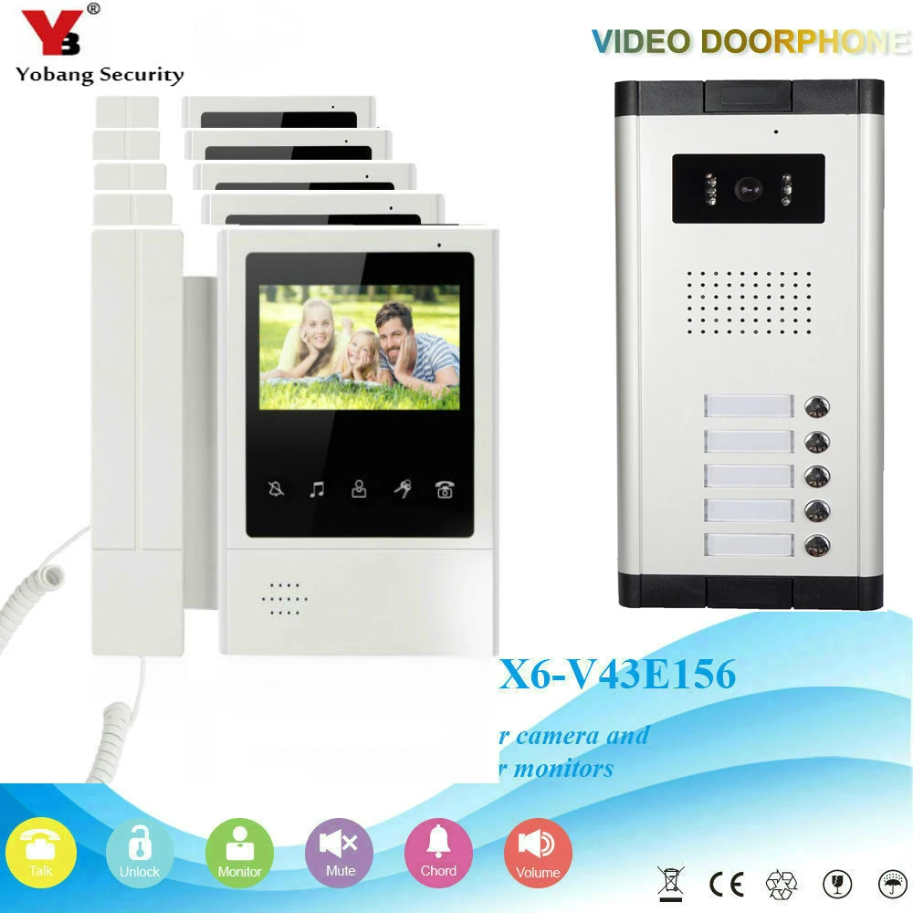 

YobangSecurity 5 Units Apartment Video Intercom 4.3 Inch Color LCD Video Door Phone Doorbell Intercom IR Camera Monitor System