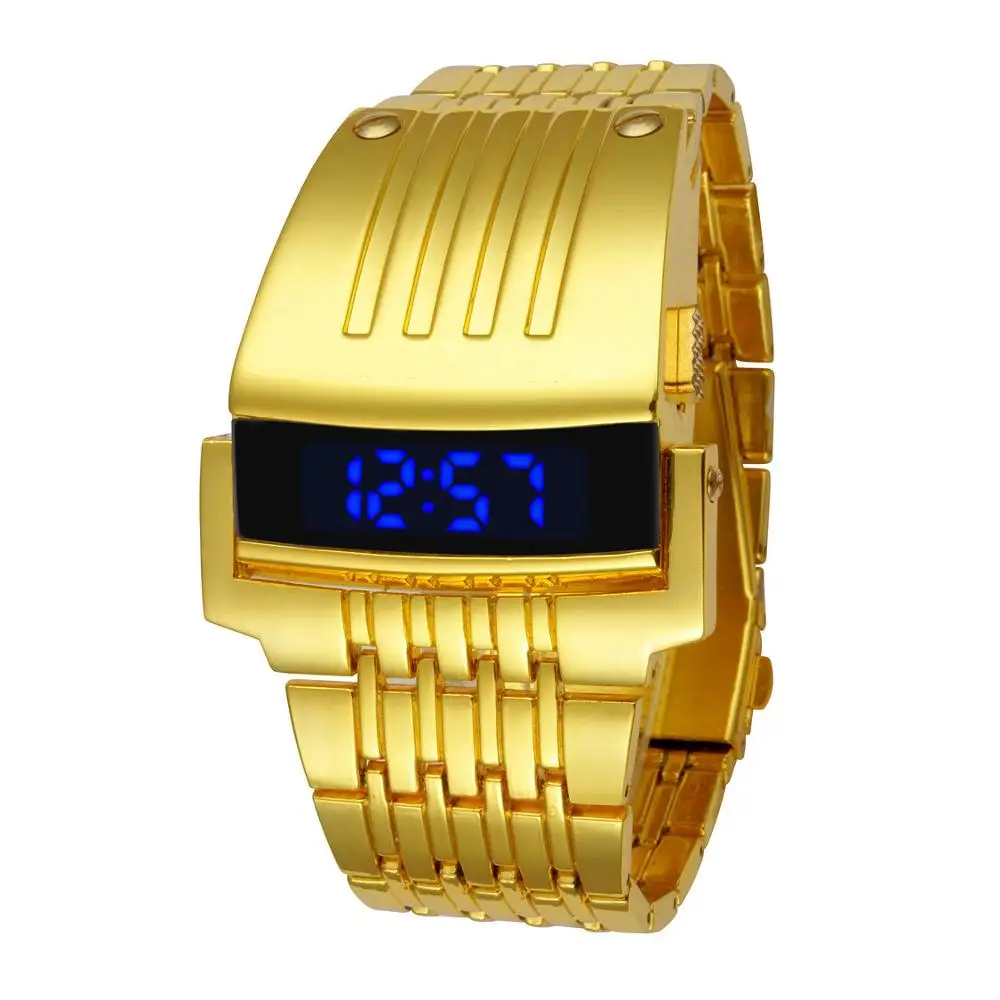 gold digital watch Brand Design Electronic Digital Watch Full Stainless Steel Men Wristwatches Military Sports Fashion LED Iron Man Watches watch with compass and altimeter and thermometer Digital Watches