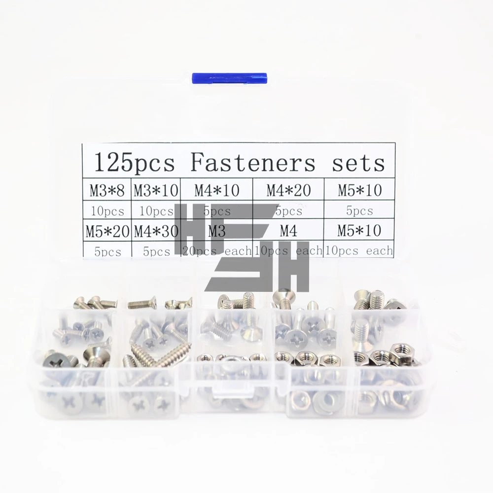 

Free Shipping 125pcs 304 Fasteners box flat head screw with nut washer M3M4M5 GB819 DIY