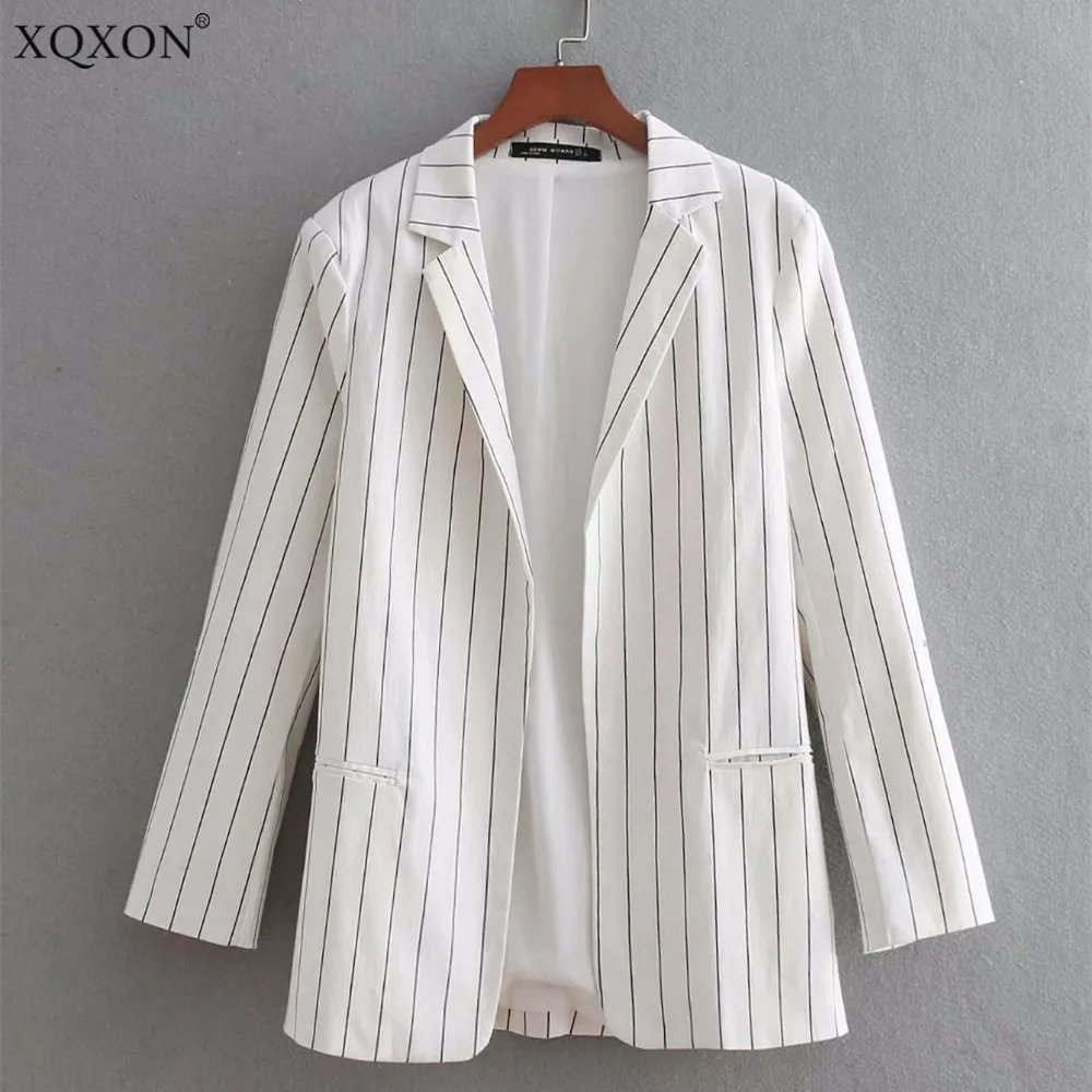 

2019 Women Vintage roll up three quarter striped office lady White Blazer Suit jacket Outwear business cardigan casual Coat tops