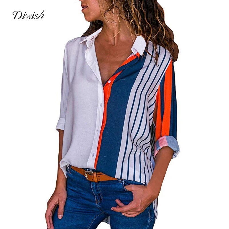 

Diwish Women's Shirts Chiffon Blouses Fashion Tops White Blouse Casual Long Sleeve Striped V-Neck Autumn Ladies Tops S-3XL