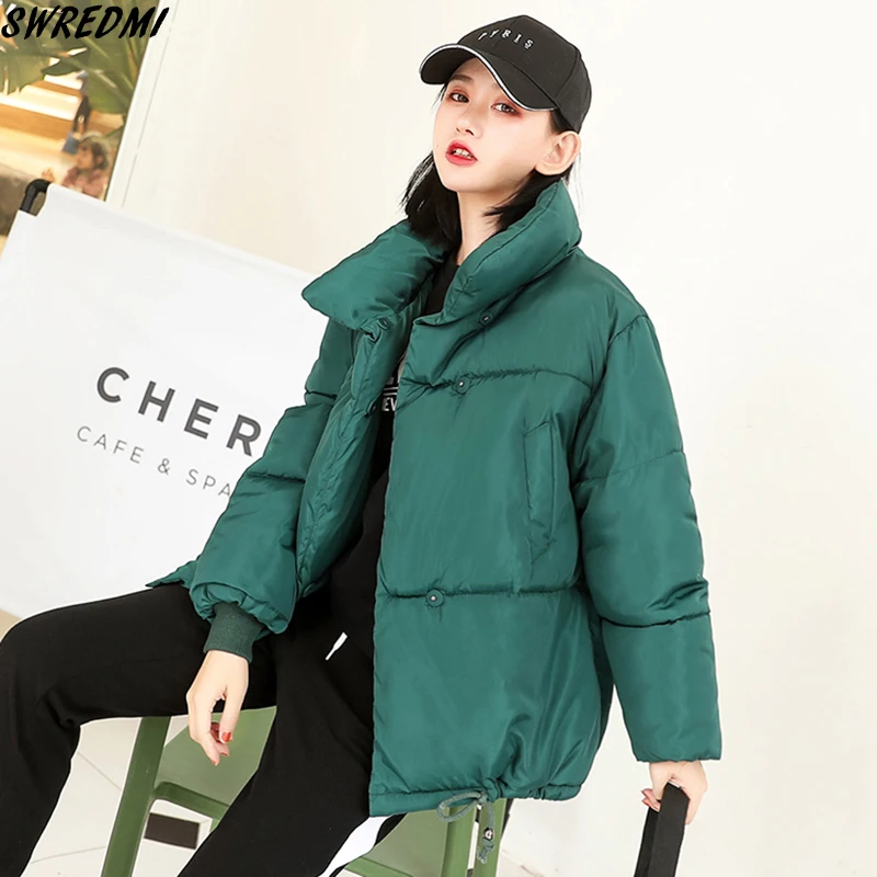 

SWREDMI New Casual Loose Winter Coat Women Green 2019 Winter Parkas Thicken Warm Coat Female Autumn Stand Collar Wadded Jackets
