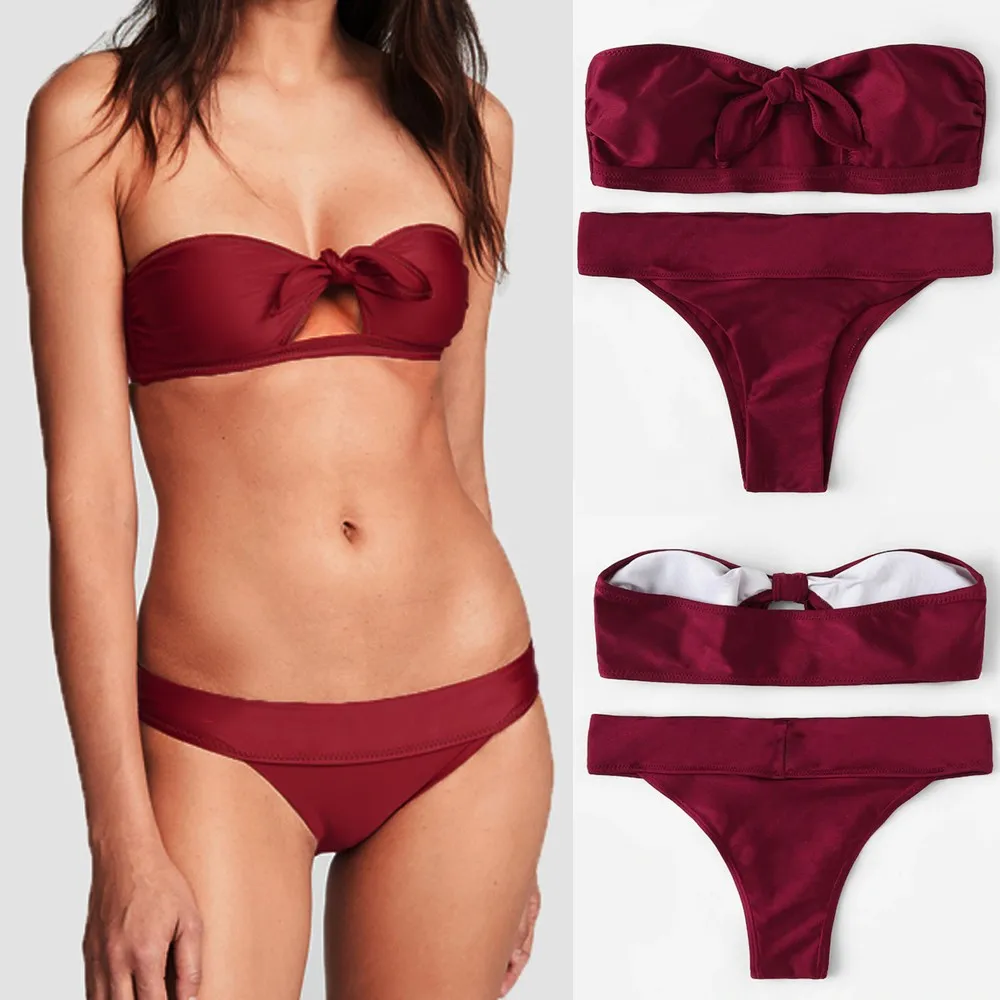 Bikinis 2019 Mujer Swimwear Women Sexy Red Bandeau Bikini set Swimsuit Hollow-out Padded Top Swimming Suit For Women Bikinis 2019 Mujer Swimwear Women Sexy Red Bandeau Bikini set Swimsuit Hollow-out Padded Top Swimming Suit For Women