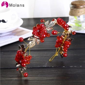 

MOLANS 2020 Chinese Red Bridal Crowns Crystals Wedding Tiaras Marriage Flowers Headband Bride Headwear For Women