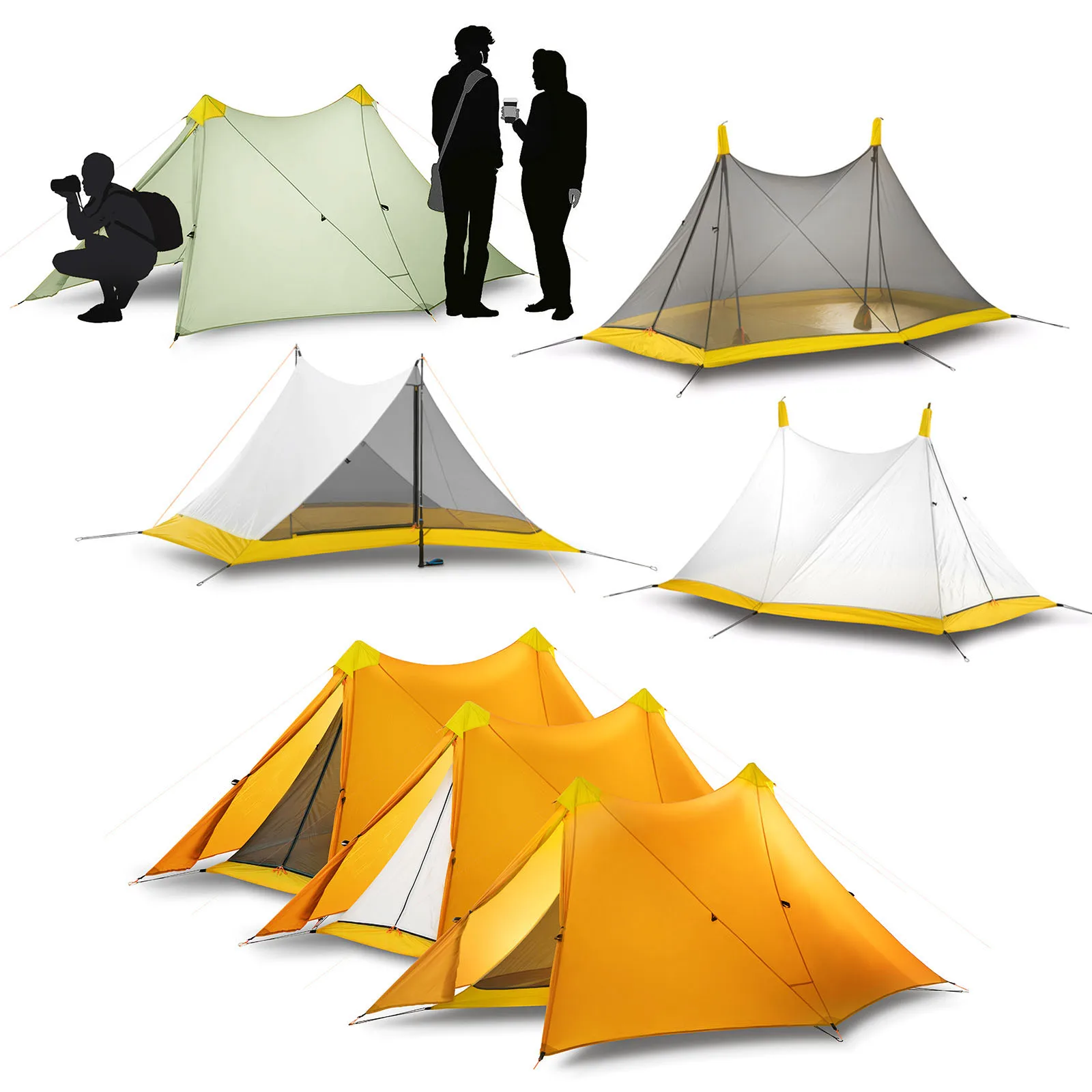 

1.4kg Ultralight 2 Person 4 Seasons Camping Tent Nylon Silicon Coated Rodless 2-tower Large Tent 570g Flysheet &830g Inner Tent