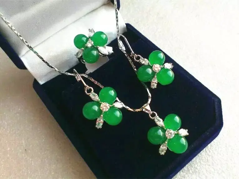 

hot sell new - wholesale fashion new design jewelry 3 green jade beads flower pendant earrings & ring(#7.8.9) jewelry sets