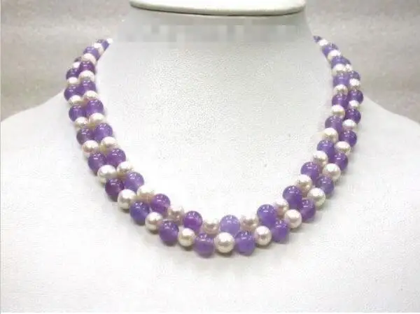 

Hot sale new Style >>>>>Genuine 60" 8mm round lavender jade white pearls necklace j201