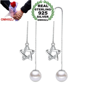 

OMHXZJ Wholesale Fashion Simple pentagram kpop 925 Sterling Silver Tassel pendant drop Long Ear Line Earrings For woman YS165