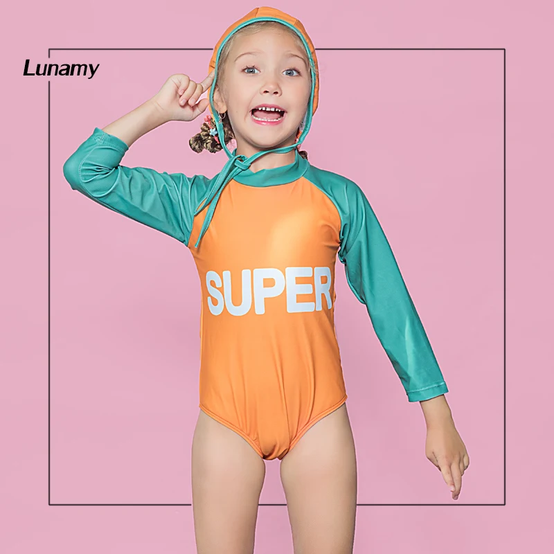 

Lunamy 2018 Girl's Long Sleeved One Piece Swimsuit Patchwork Print Kids Swimwear Quick Drying Swimmer Suit With Swimming Cap