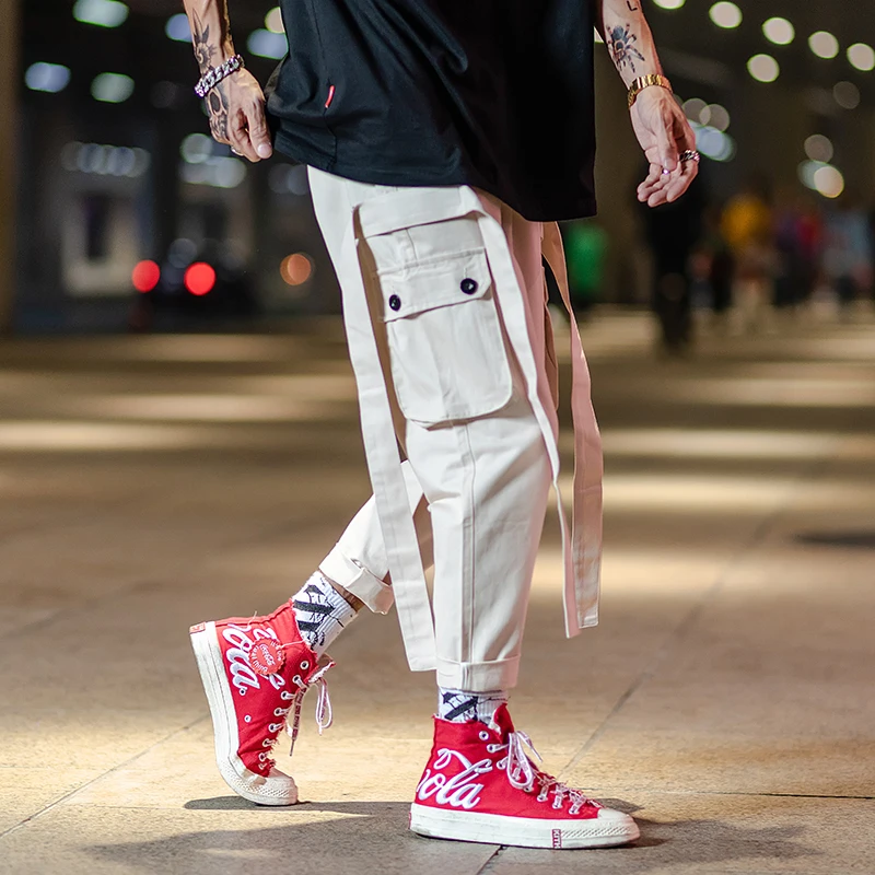 

Ribbon Straight Cotton Cargo Pants Men Khaki Multi Pockets Korean Style Baggy Summer Punk Joggers Pants Streetwear Tactical Men