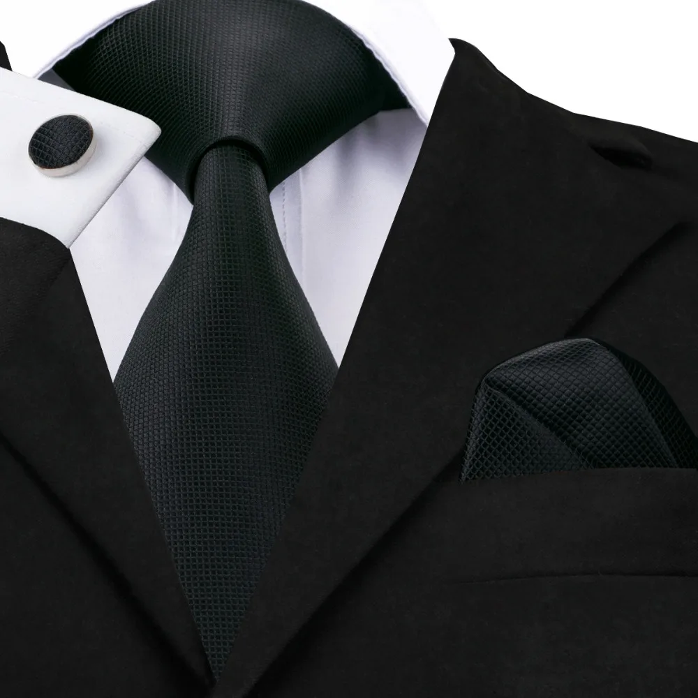 

2016 Fashion Black Solid Tie Hanky Cufflinks Silk Jacquard Neckties Ties For Men Formal Business Wedding Party 8.5cm Width C-251