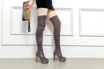 

ARQA green leopard female over-the-knee boots autumn and winter warm short plush high-heeled pointed elastic female long boot