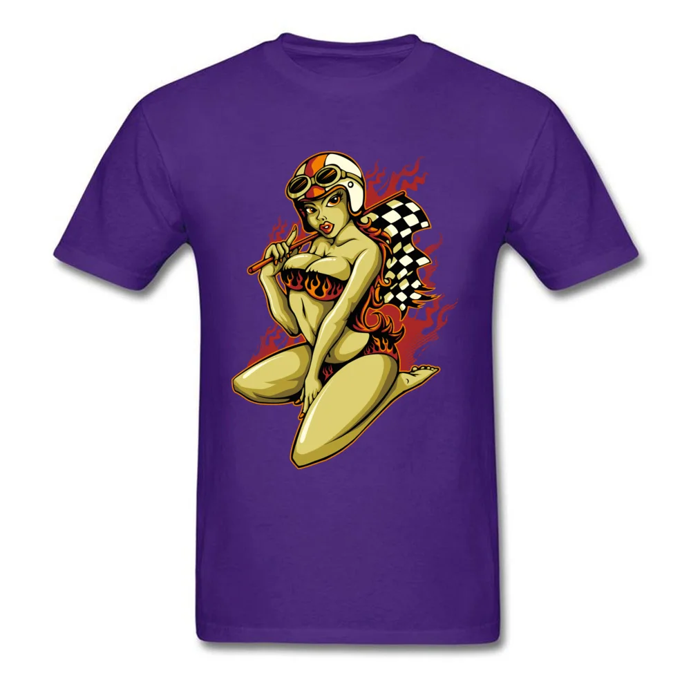 Printed On Tops & Tees Faddish O Neck comfortable Short Sleeve All Cotton Male T-shirts Personalized Tees Free Shipping Hot Pin Up Girl with Racing Flag purple