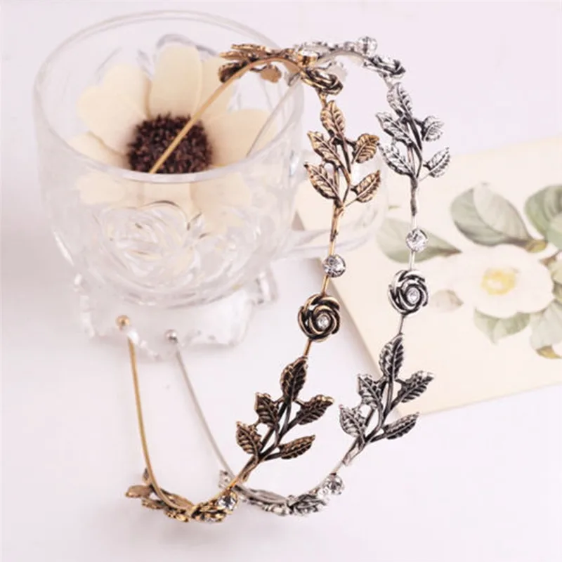 

Simple Red Rose Flower Hair Bands Antique Silver Gold Color Leaf Crown Hair Accessories Bride Wedding Tiaras Jewelry