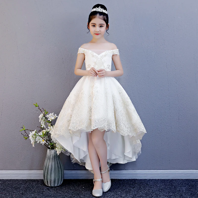 Luxury Off the Shoulder Flower Girl Dresses Wedding Short Front Long Back Girls Formal Dress Lace Up Embroidery Princess Dress halter off shoulder open back midi dress