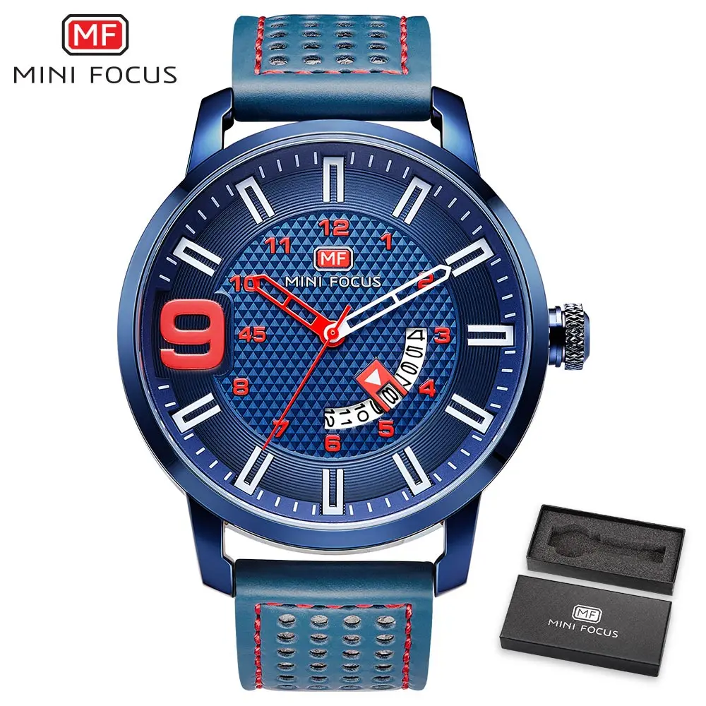 MINIFOCUS новые роскошные Брендовые мужские модные часы Мужские кварцевые аналоговые часы мужские армейские военные кожаные Наручные часы Relogio Masculino - Цвет: Blue