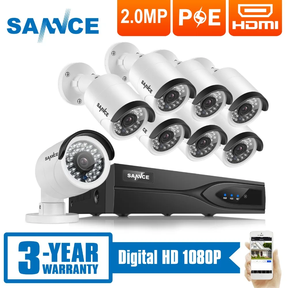 

SANNCE 8CH 1080P POE NVR 2.0MP CCTV System 8pc 3000TVL POE IP Camera Onvif P2P Waterproof Outdoor Home Security Surveillance Kit