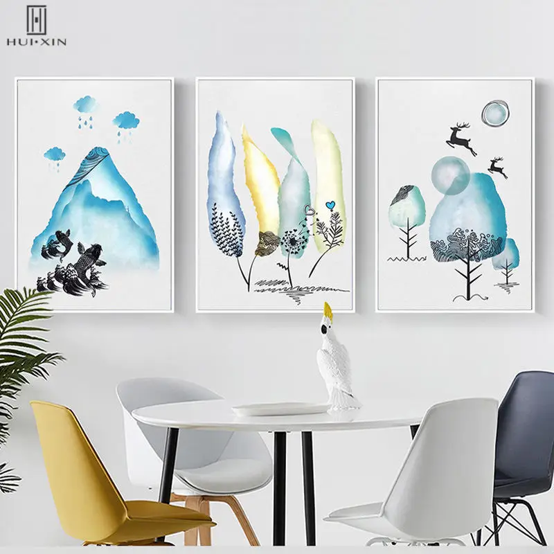 Creative Landscape Blue Mountain Rainy Day Flying Deers Trees HD Unframed Decorative Paintings For Living Room Home Decor