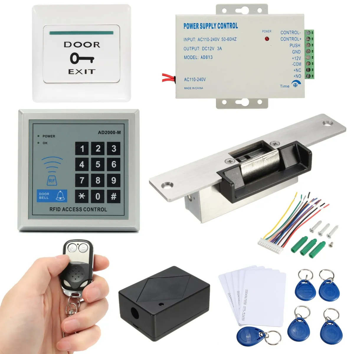 

NEW 125KHz RFID ID Keyfobs One Door Access Control Machine Kit Electric Strike Lock Access Control System