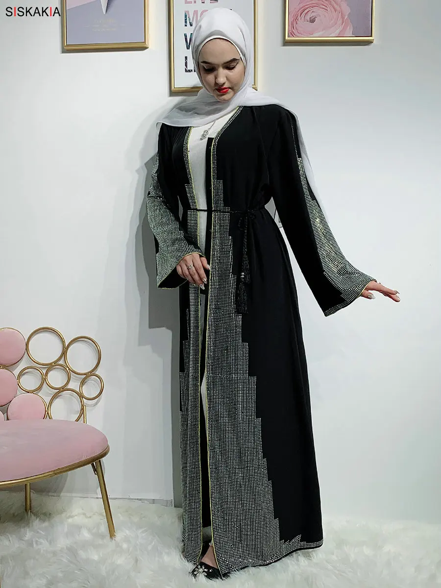 Siskakia/модный мусульманский кардиган abaya, Роскошное однотонное платье в стиле пэчворк со стразами, платье в восточном стиле, Ближний Восток