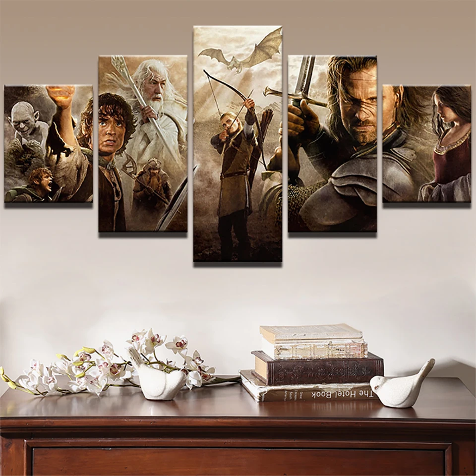 

Modern Wall Art HD Print Pictures Home 5 Panel Lord Of The Rings Movie Characters Decoration Posters Frame Living Room Painting