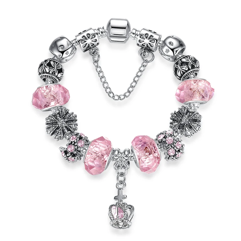 ELESHE Fashion DIY Crystal & Murano Glass Beads Crown Charm Bracelets For Women Snake Chain Bracelets & Bangles Pulseras Gift