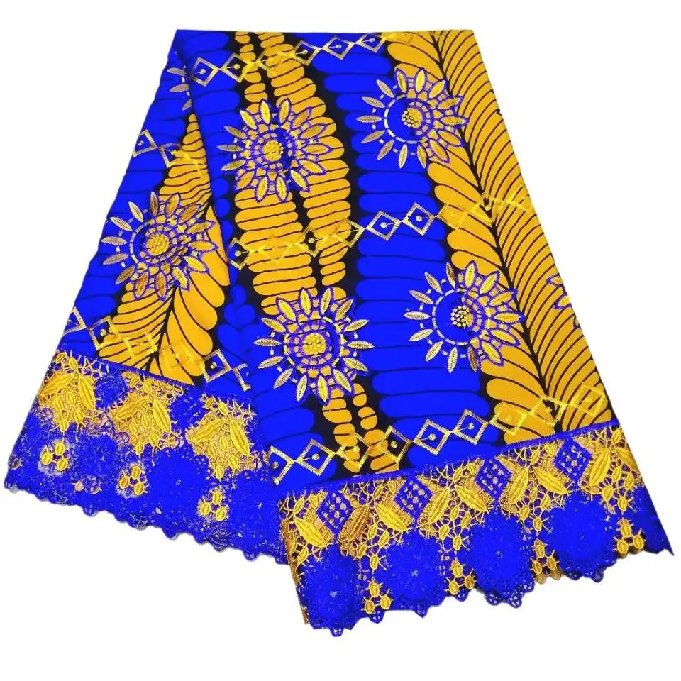 

6Yards/pc Beautiful royal blue and yellow african water soluble lace with printed flower cotton fabric for dress LBL37-2