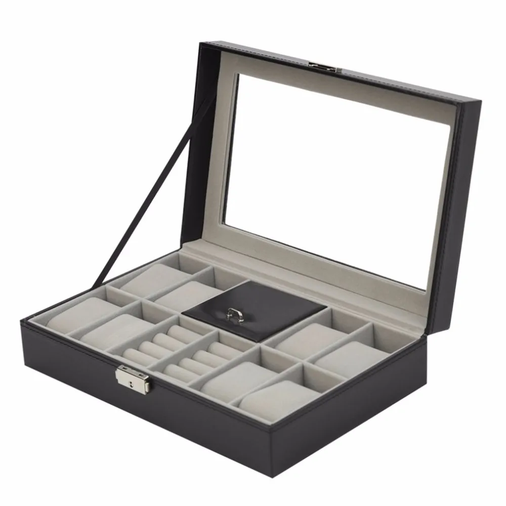 

2018 New 2 In One 8 Grids+3 Mixed Grids Black Leather Watch Box Watch Rings Storage Organizer Jewelry Display Case