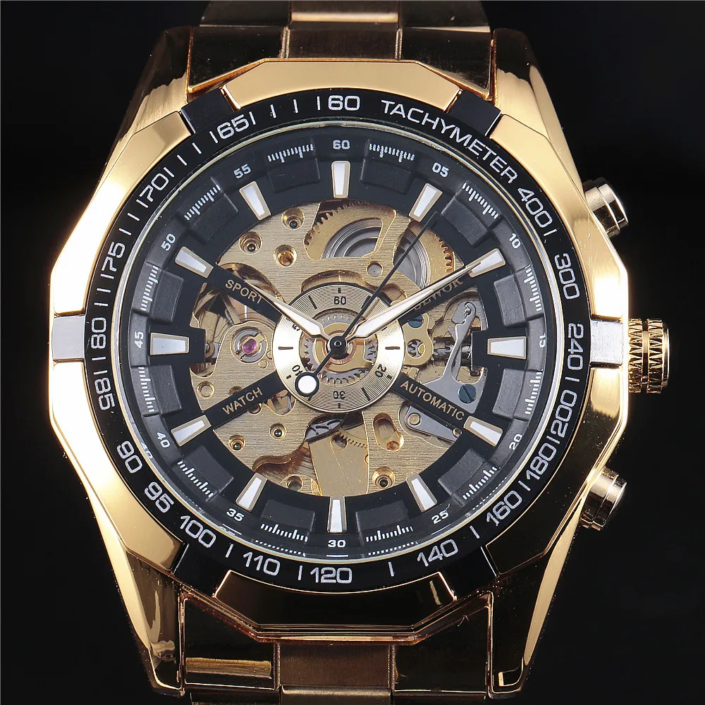 

SEWOR Luxury Sport Designer Gold Skeleton Mechanical Watch Men Stainless Steel Male Clock Automatic Wristwatch Relogio Masculino