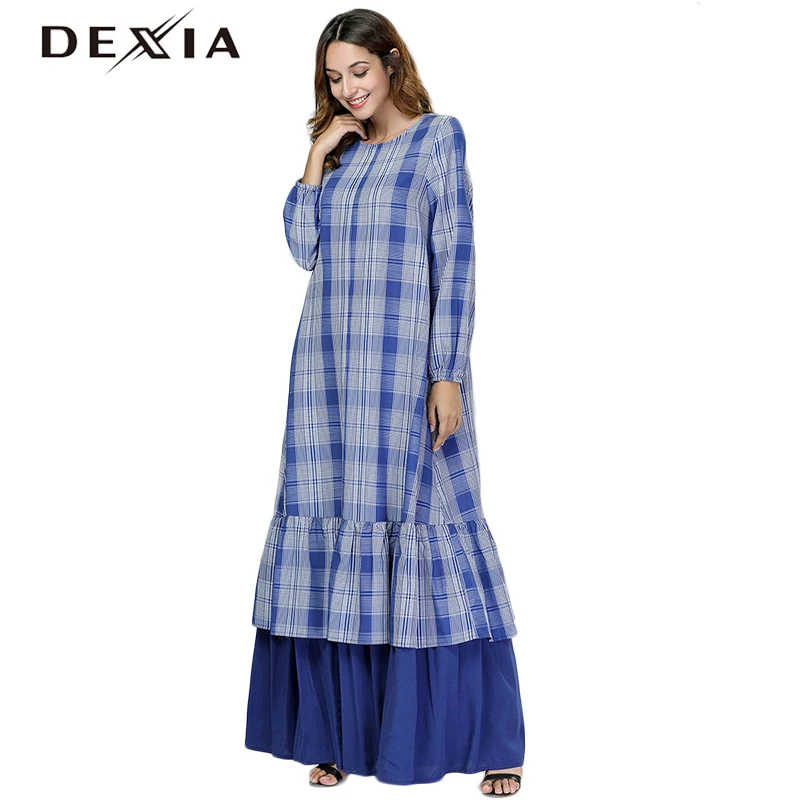 7444 Maxi Plus Bohemian Party Long Blue Sleeve Dexia 4xl Size Spring Plaid Full Dress Robe Women Loose Office 3xl wPPOnqI7T