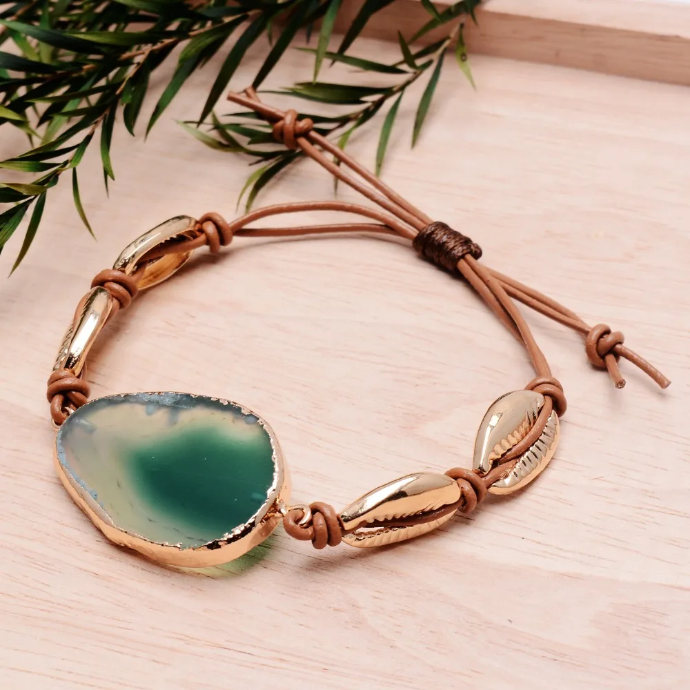 

New Summer Shell Bracelet Bohemian Big Natural Slice Rock Druzy Quartz Geode Stone Pendant Charms Bracelet Braid Weave rope