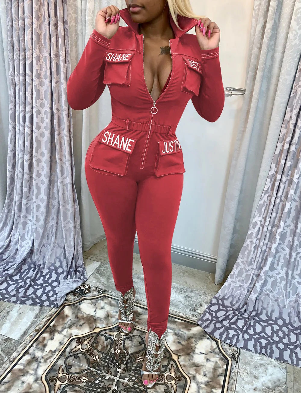 

AHVIT Letter Printed Pockets Embellished Casual Jumpsuits Front Zipper Stand Neck Long Sleeve Romper Skinny Casual Outfit OL5306