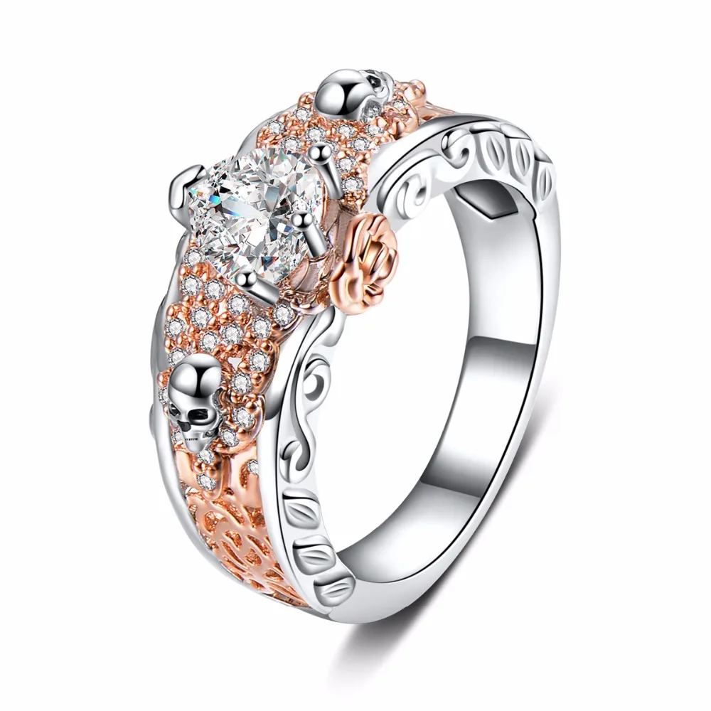 

Austrian Gothic skull Ring Rose Flower Style Heart Shape CZ Crystal Two-tone Wedding Rings For Women Jewelry Trendy Love Gift