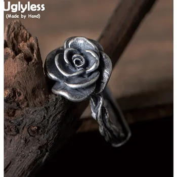 

Uglyless Real Solid 925 Sterling Silver Handmade Rose Finger Rings for Women Vintage Thai Silver Flower Open Rings Wild Jewelry