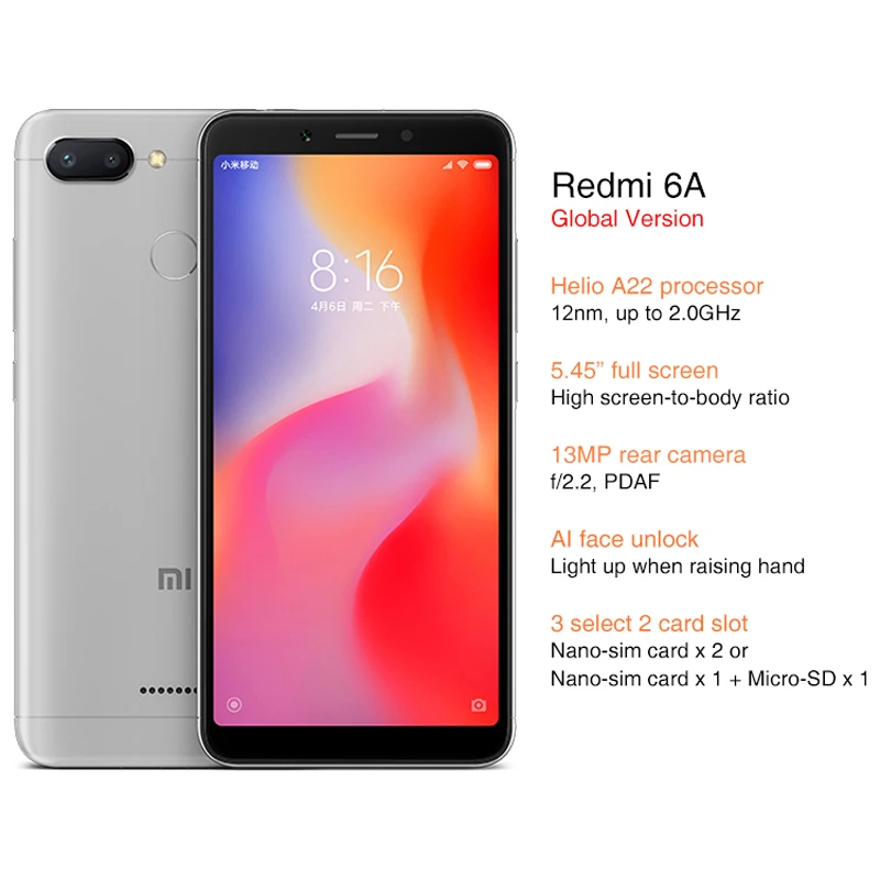 Глобальная версия Xiaomi Redmi 6A 2 Гб 16 GB МТК Helio A22 4 ядра 5 45 дюйма 18:9 полный Экран 13MP