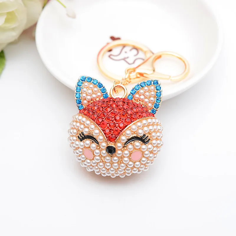 

Cute Fox Key Chain Rhinestones Pearl Fox Bag and Car anime Keychain Key Ring Jewelry Bag Charms Key chain women