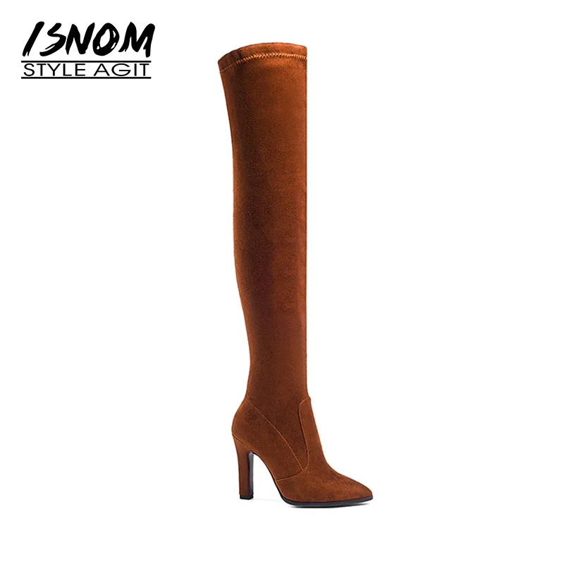

ISNOM Big Size 34-43 Sexy Lady Stretch Thigh High Boot High Heels Winter Over Knee Boot Pointy Faux Suede Women Shoes Female