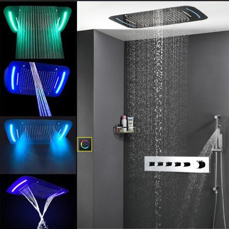 

SPA Misty LED Rainfall Shower Set Thermostatic Shower Mixer Faucet System 64 Color Top Shower Head Wall Mounted With Slide Bar