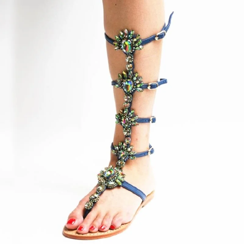 

New Arrivals Rhinestone Crystal Flat Clip Toe Bohemia Sandals Plus Size 13 US T-Straps Women Fashion Gladiator Sandals Boots