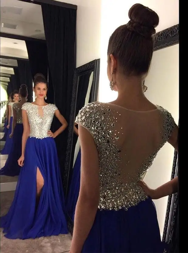 Royal Blue 2019 Prom Jurken A-lijn Kapmouwtjes Chiffon Kristallen Slit Party Maxys Lange Prom Gown Avondjurken Robe De soiree Royal Blue 2019 Prom Jurken A-lijn Kapmouwtjes Chiffon Kristallen Slit Party Maxys Lange Prom Gown Avondjurken Robe De soiree