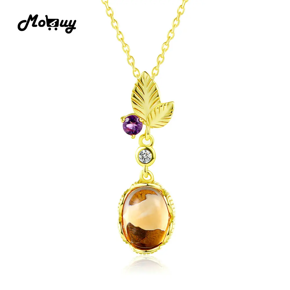 

MoBuy MBNI010 Natural Gemstone Oval Citrine & Amethyst Necklace&Pendant 925 Sterling Silver Yellow Gold Plated Leaf Fine Jewelry