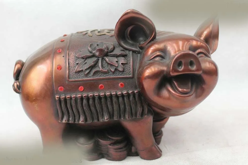 

DS 6"Chinese Folk Fengshui Bronze Zodiac Year Money drawing Pig money box Statue