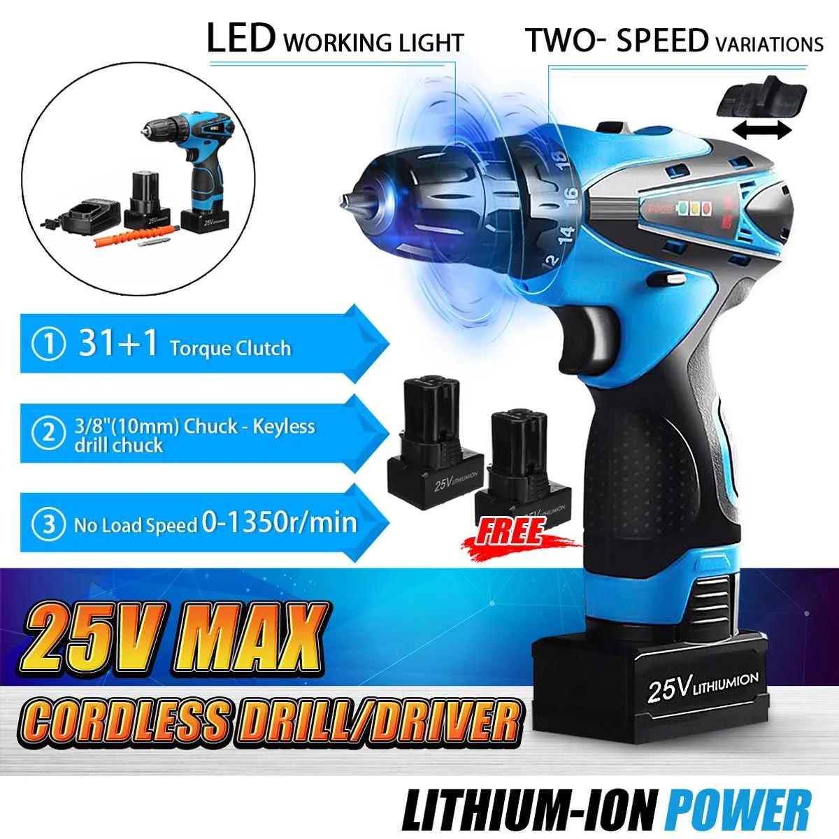 

2Speed Variations Portable Electric Cordless Drill 31+1 Torque 3/8" Chuck 25V Li-Ion Battery LED Light 3IN1 Trigger Switch Power