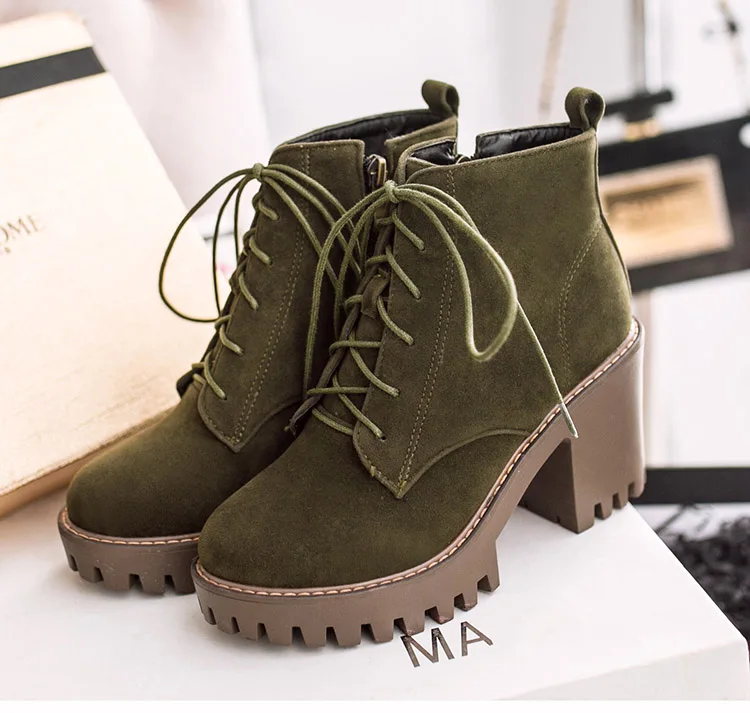 Phoentin/ботильоны для женщин на платформе, новые ботинки на шнуровке с круглым носком на высоком каблуке 8 см Женская обувь зеленого цвета на молнии, FT173