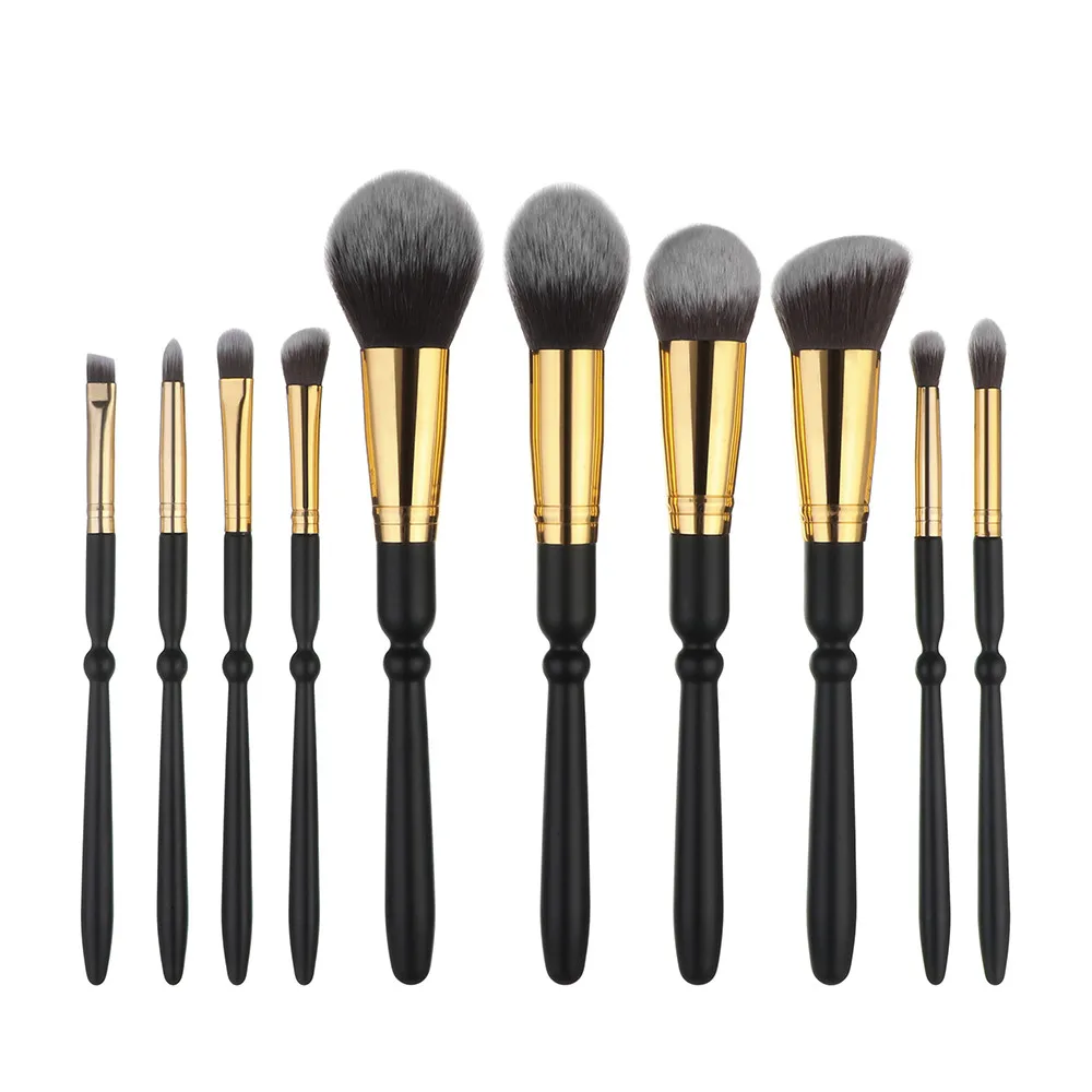 

10PCS Wooden Foundation Cosmetic Eyebrow Eyeshadow Brush Makeup Brush Sets Tool Gold tube brown bottom white peak fiber hair 04*