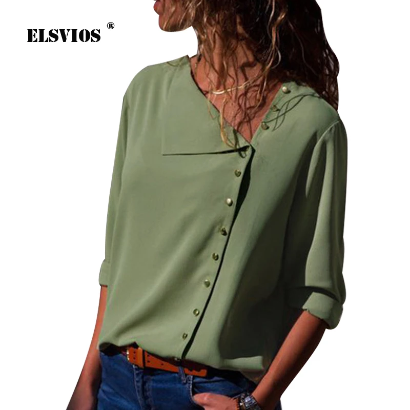 

ELSVIOS 2018 Summer Autumn Women Button Irregular Blouse casual Skew Collar Blouses Shirt Elegant Long Sleeve Solid Blusa S-3XL
