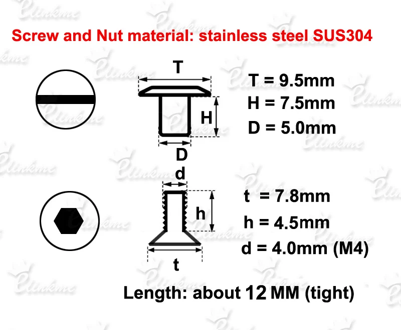 7.5 mm Stainless steel 304 antirust stud chicago screws holster Hardware Tek lok buckle screw with Rubber washer