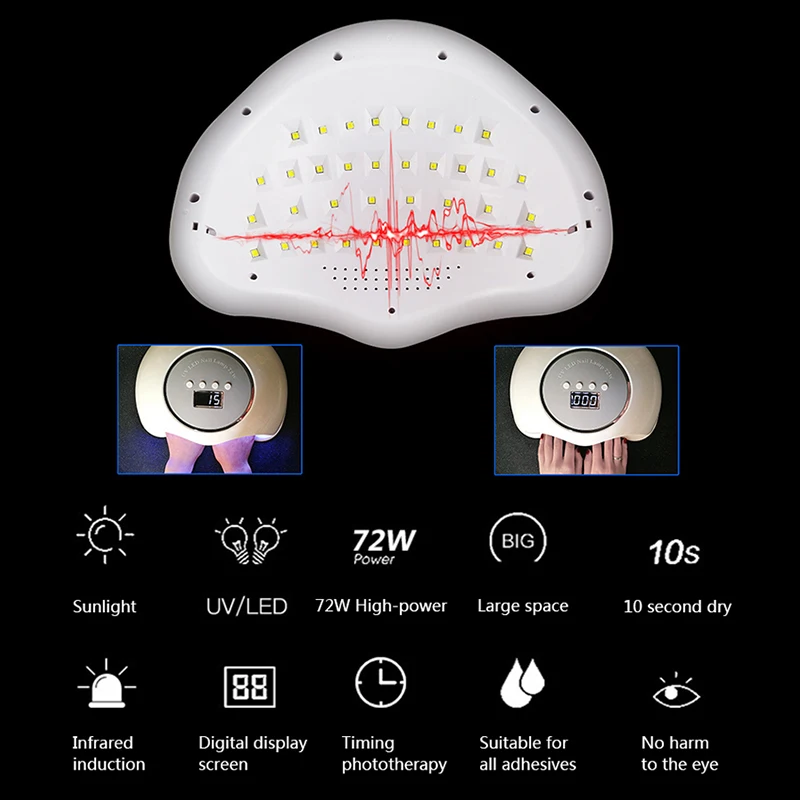 2 руки 72 Вт Светодиодный светильник Сушилка для ногтей для украшения ногтей отверждения всех гель-лаков высокой мощности Быстрая Сушка УФ;