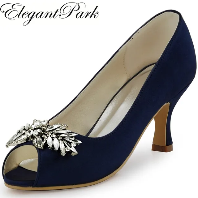 mujer zapatos boda nupcial de tacón medio azul marino peep toe
